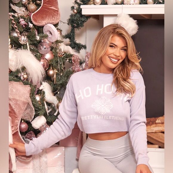 PRETTYLITTLETHING Ho Ho Ho Light Lilac Cropped Holiday Top. Size Small. NWT - Picture 1 of 5